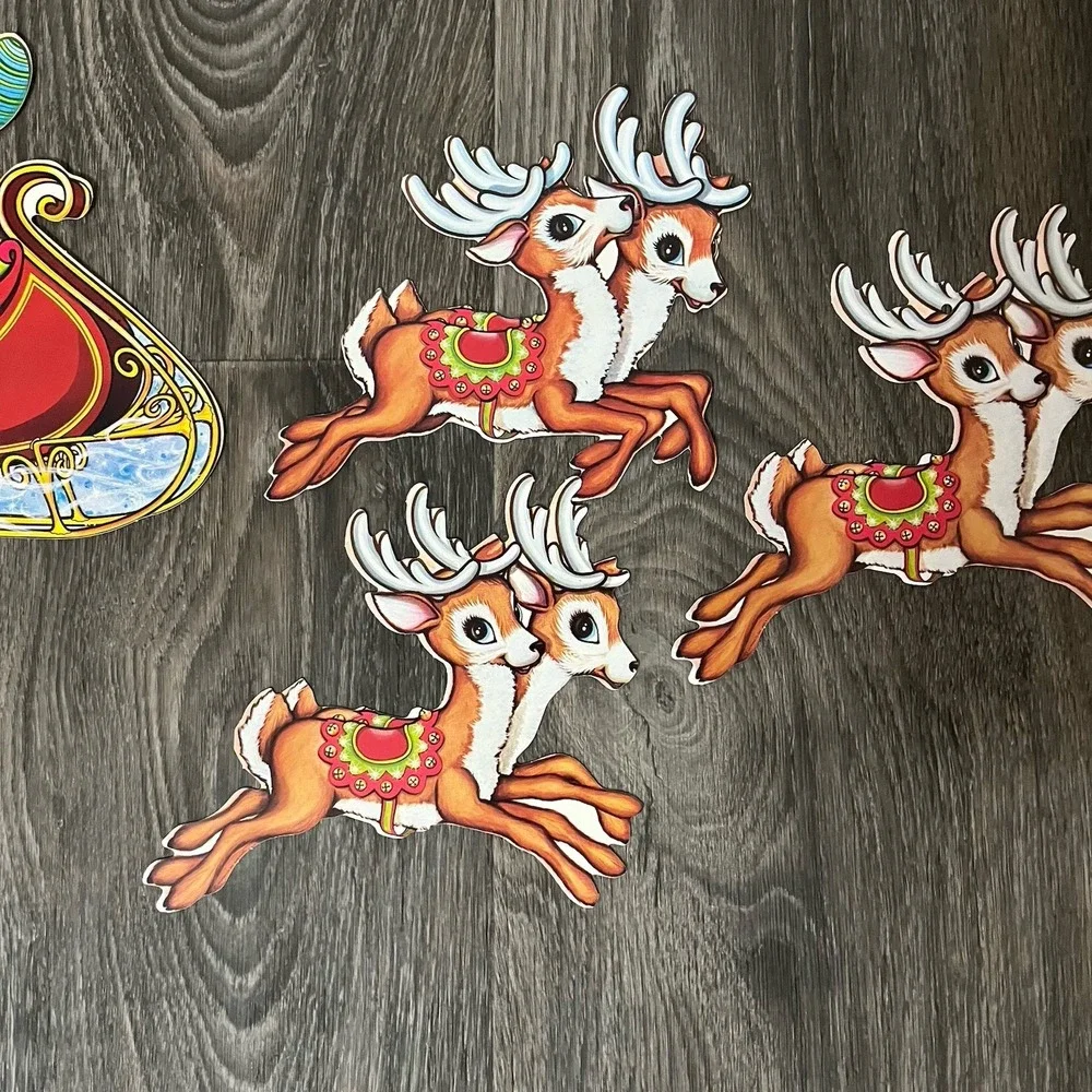 Vintage Beistle Santa Claus Sleigh & Reindeer Christmas Die Cut Decoration 5 Pc